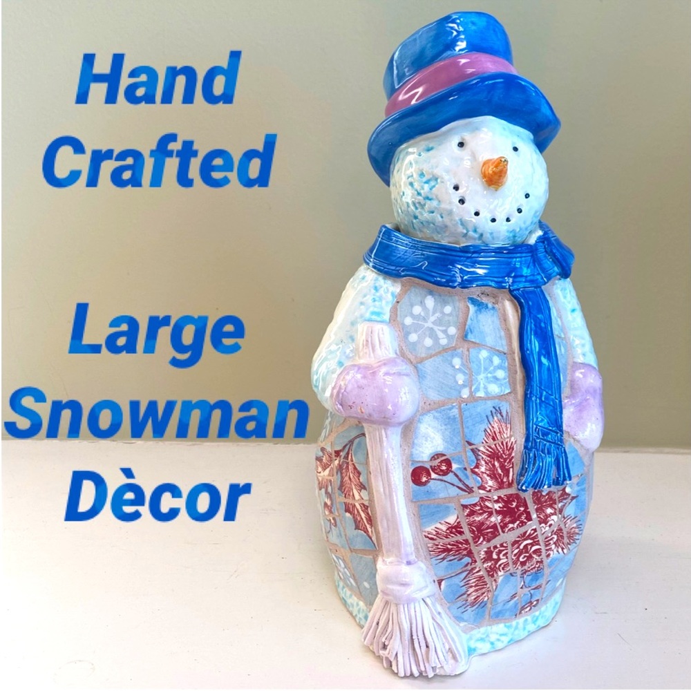 Handmade Pottery Snowman Handcrafted Mosaic Tile Art Table Mantle Décor Winter